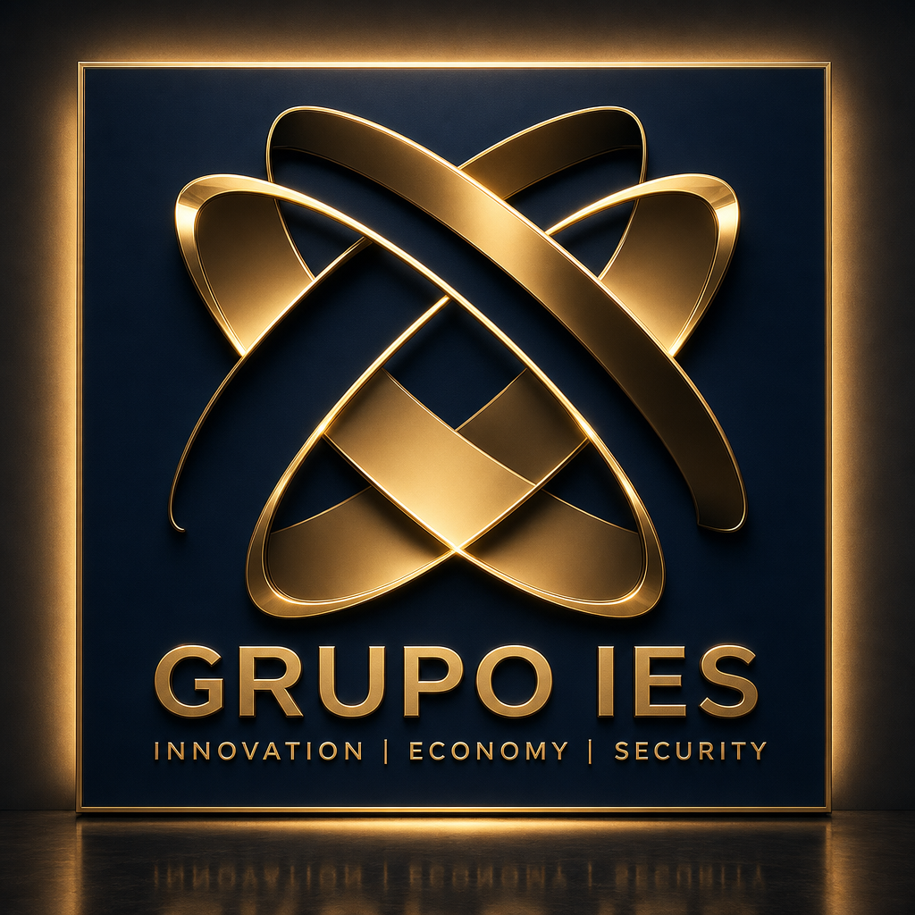 Placa metálica dourada retroiluminada do Grupo IES com o lema INNOVATION | ECONOMY | SECURITY