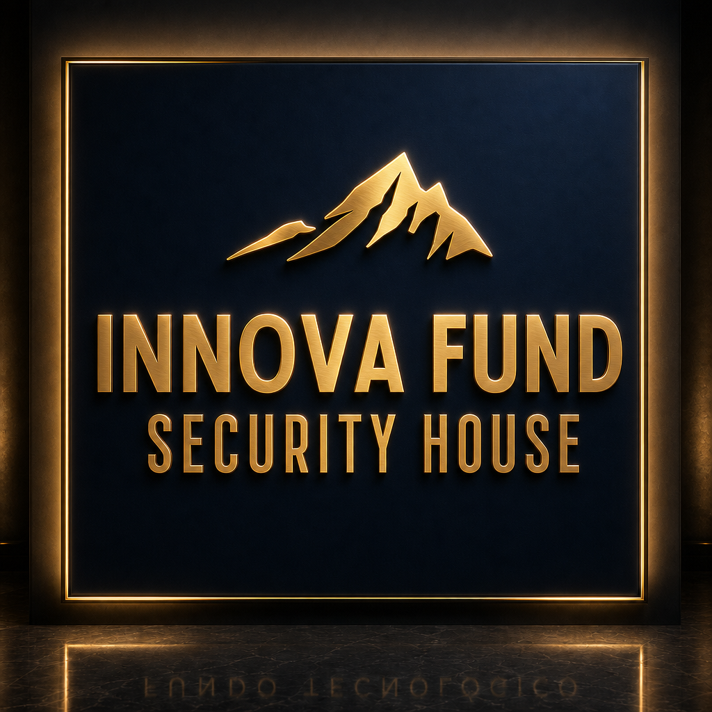 Placa metálica dourada retroiluminada do Innova Fund Security House com emblema de montanha